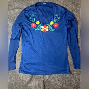 Blue Long Sleeve Top with Floral Embroidery